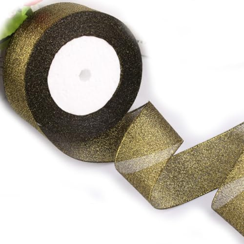 HSTWODE Presentband chiffong 4 cm x 22 m band, festivalband, dekorband för bröllop, dop, jul, födelsedagspresent (svart + glitter guld)