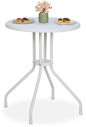 Relaxdays Trädgårdsbord, H x D: 73 x 60 cm, rottinglook, plast och stål, utomhus matbord, runt balkongbord, vitt