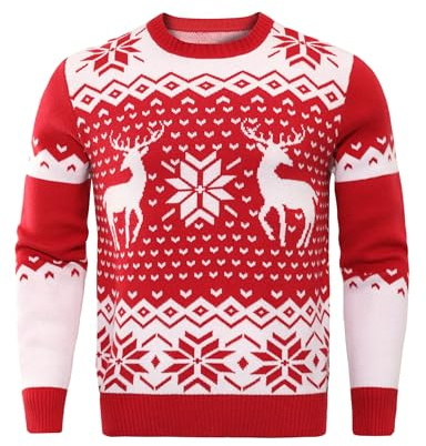 Demegimi Jultröjor Jultröja Långärmad T-shirt Herr Jultröja Rosett Snö Älg Rund Hals Herr Långärmad Tröja Festlig Jul, Röd, XL