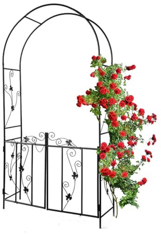 Rosenbogen mit Tor HBT 215 x 110 x 37 cm Gartenbogen aus Metall, Rankgitter und Rankhilfe für Rosen & Kletterpflanzen, Wetterfeste Torbogen für Garten Rasen drinnen und draußen(Black)