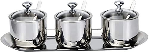 Set di zuccheriera e condimenti in acciaio inox con cucchiai, coperchio in vetro e supporto, scatola per spezie e saliera per la cucina