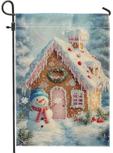 Bandiera da giardino per la casa di pan di zenzero nel paese delle meraviglie invernale, bandiera decorativa per esterni, bandiera da giardino in iuta su entrambi i lati, per le festività natalizie