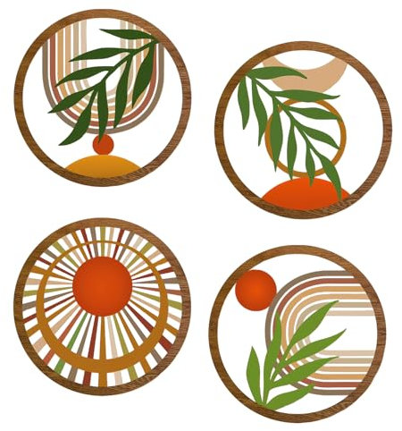Kaslaider 4 Piezas Decoración de Paredes de Madera Bohemia, Moderno Minimalista Arte de Pared Decoración Pared Redonda Para Sala Estar o Dormitorio Decoración de Pared con Arte Lineal Hojas