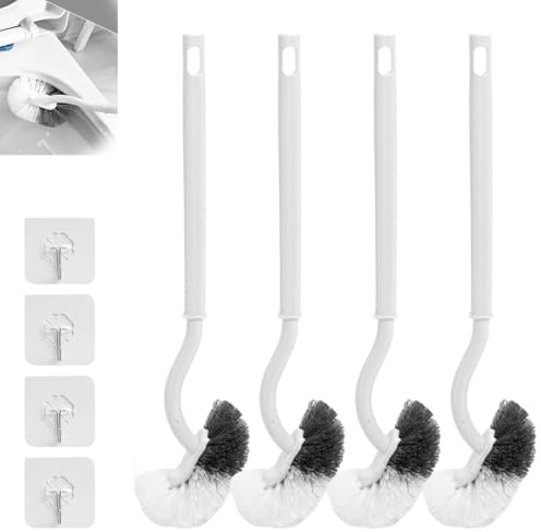 Juego de 4 escobillas de inodoro con limpiador de bordes, cepillo de limpieza profunda para inodoro, diseño curvado, mango largo flexible, cerdas fuertes, juego de cepillos de limpieza con gancho