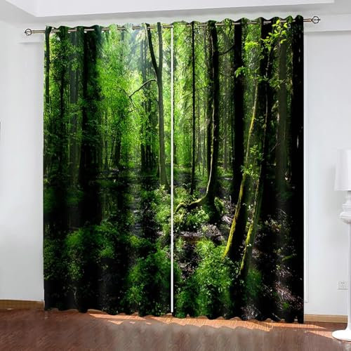 Bishilin Vorhänge Wohnzimmer Verdunkelung 2er Set, Verdunklungsvorhänge 132x274CM mit Ösen Natur Grün Wald Gardinen Blickdicht Kinderzimmer Jugendzimmer