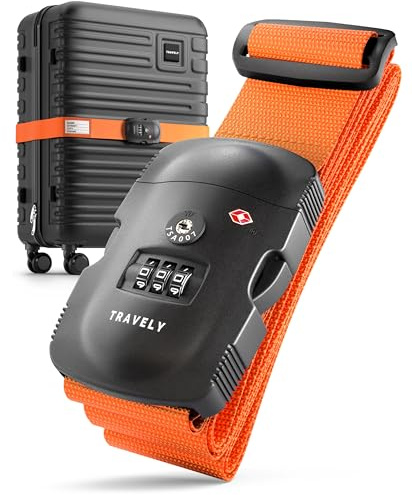 TRAVELY Koffergurt mit TSA Schloss - Verstellbar & Robust - Inklusive Namensschild - Passend für Handgepäck bis Übergröße - Orange