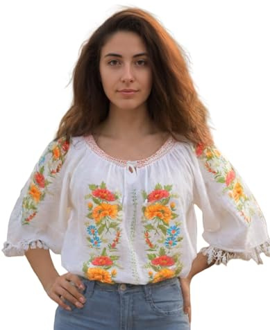 LILA TOMATO Damer traditionell rumänsk broderad blus ie, Färgad blomma, M