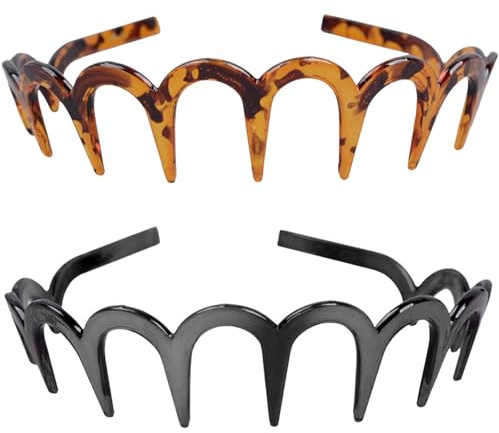 2 Stück Zickzack-Stirnbänder, Zick-Zack-Stirnbänder, U-Form, modisches Zahnkamm-Stirnband, schwarz und Leopardenmuster, Haifischzahn-Haarkamm, Kunststoff-Haarbänder mit elastischen, rutschfesten