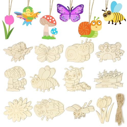 36 Pcs DIY Wooden Crafts Set for Kids, 12 Styles Blank Wood Ornaments, Butterfly Dragonfly Snail Flower Shape for DIY Crafts Home Decoration Craft Project