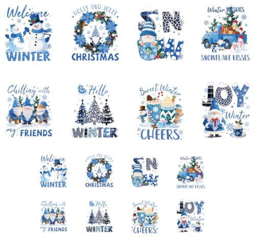 ANATTASOUL 16Pcs Bügelbilder für Textilien Winter Schneemann Und Kiefer Bügelbilder Erwachsene Weihnachten 6.5 x 8 CM/18 x 22 CM Schnell & Einfach DIY Sticker zum Aufbügeln für Kleidung, Hosen, Hüte