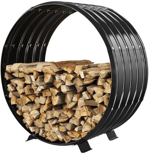 Round Heavy Duty Firewood Rack – Galvanized Wave-Shaped Steel with 4 Sturdy Legs – 0.8mm Thick Black Coated – Indoor or Outdoor Wood Holder for Fireplace,Patio & Deck Fire Pit (2.7FT Diameter)
