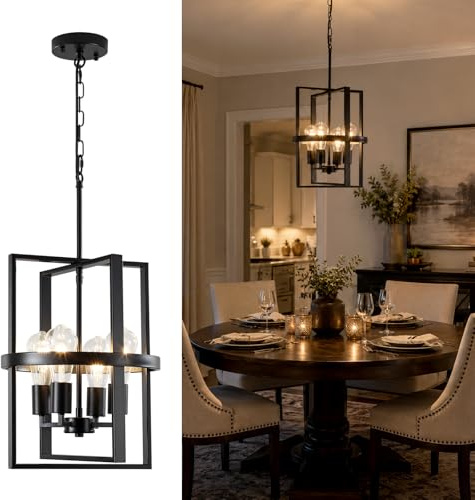 LJHhowe 4-Light Black Chandelier for Living Room, Metal Shade, Modern, E14 | for Bedroom Dining Room Hallway, Ø 32cm, E14, MAX 40W, Height Adjustable, Geometric Shape