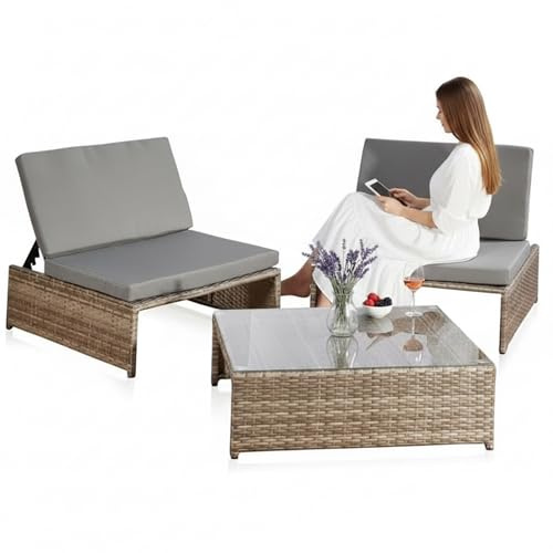 Mucola Gartenmöbel Set Polyrattan 2 Sessel mit Tisch Liegefunktion Grau | Verstellbare Rückenlehnen, als Liege nutzbar, 5 cm starke Polster, bruchstabile Tischplatte, stabiles Metallgestell, Lounge