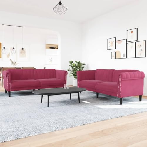 RMIHSJG 2-TLG. Sofagarnitur in Weinrot aus weichem Samtstoff mit bequemer Polsterung und stabilen Beinen für Ihr Wohnzimmer, modernes Design, Sitzmöbel, Couchgarnitur