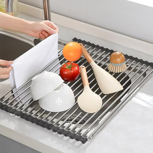 Whcctl Escurridor Fregadero, Escurreplatos Plegable, Escurridor de Platos, Escurreplatos Enrollable, Plegable y Extraíble, para Utensilios de Cocina, Frutas y Verduras (Negro)