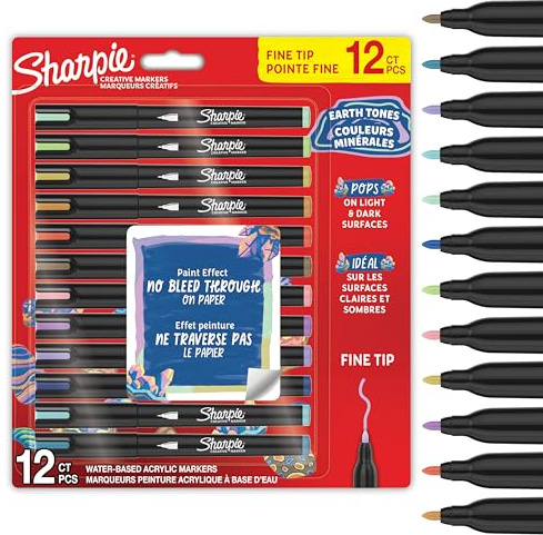 Sharpie Creative Marker Akrylfärgpennor | Jordtoner | Vattenbaserade färgpennor | Blöder inte igenom, skriver på de flesta ytor | Fin spets | Hantverk och konstmaterial | Blandade färger | 12 stycken