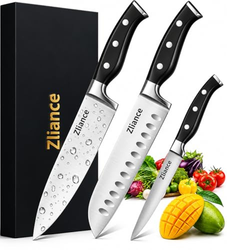 Zliance Messerset 3-teilig, japanischer High-Carbon Edelstahl, Ultra-Scharf, 20cm Kochmesser, 18cm Santoku, 13cm Universalmesser