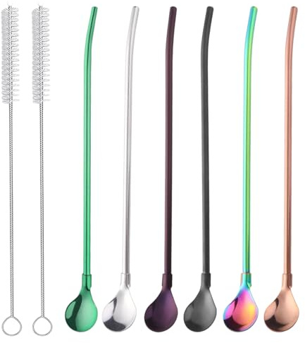 GWEOR 8 Piezas Cuchara de Filtro de Paja de Acero Inoxidable Extraíble, Cuchara de Paja de Metal Reutilizable de Limpieza para Beber Té Suelto, Café Helado