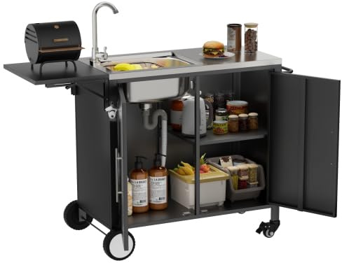 Grilltisch mit Spüle und klappbarer Arbeitsplatte, mobile Kücheninsel aus Metall mit Stauraum, rollbarer Grillwagen mit Rädern für Garten, Terrasse und Hinterhof, Outdoor BBQ Vorbereitungstisch