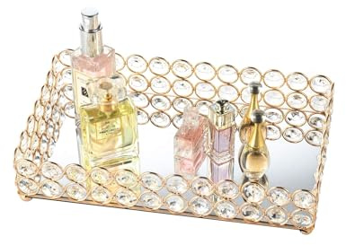 Feyarl 10 Inch Crystal Cosmetic Perfume Tray Vanity Makeup Jewelry Trinket Organizer Mirrored Decorative Tray Storage for Coffee Table Home Deco Wedding Dresser Birthday Gift (Gold)
