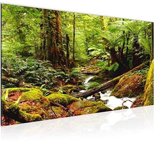 Runa Art Wandbild Wald Landschaft 1 Teilig 100 x 40 cm Modern Bild auf Vlies Leinwand Fluss Schlafzimmer Wohnzimmer Grün 610912c