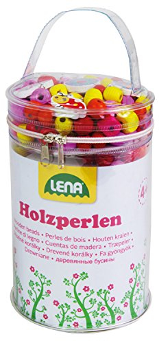 Lena 32004 - Bastelset Holzperlen in Tasche, mit 400 Fädelperlen, 5 Anhänger und 6 Schnüre, pink, Holzfädelperlen Set für Kinder ab 4 Jahre, Perlen Set zum selber gestalten von Schmuckketten