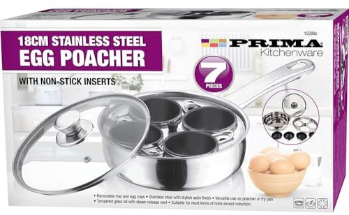 BARGAINS-GALORE 7 Piece Stainless Steel Egg Poacher Pan - 4 Hole Cup, Poach Saucepan | Frying Pot with Glass Lid, Non Stick, See Through | Transparent Vented Glass Lid | Egg Maker, Cooker