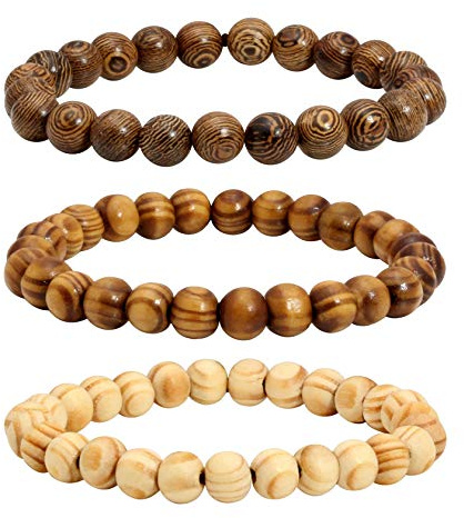 MILAKOO 3 Pcs Wooden Beaded Bracelet Bangle for Men and Women Elastic 8MM Beads