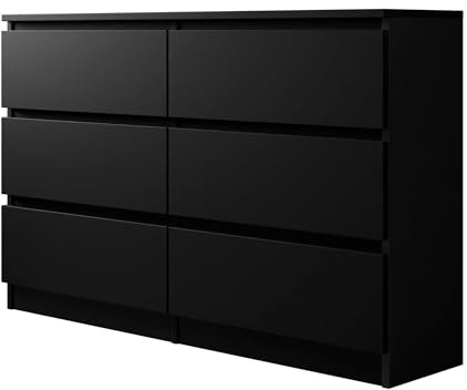 Mirjan24 Kommode Malwa M6 120 mit 6 Schubladen (Schwarz) | Griffloses Sideboard mit tiefen Schubladen und Rollgleitschienen, je bis 8 kg belastbar, B/H/T: 120/77/30 cm