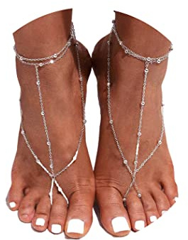 Chicque Beaded Barefoot Sandals Layered Anklets Bracelets Beach Foot Jewelry Anklets Sandals for Women 1 Pairs (Silver)