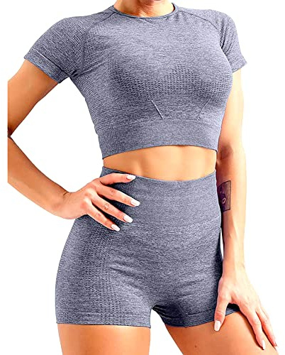 Veriliss 2 Stück Damen Yoga Trainingsanzüge Sportanzug Jogginganzug Kurzarm Und Shorts Set Fitness Anzug Trainingsoutfits(Grau,L)