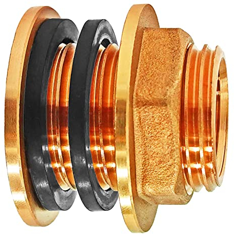 Tank Durchführung mit Anschlag und 2 Dichtungen Loch Größe 43 mm 1 1/4 Rohr Zoll Aussen Gewinde AG x 1 Innengewinde IG Wandungsstärke max. 19 mm Regentonnen Verschraubung Messing