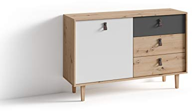 byLIVING Sideboard Bill/Kommode Artisan Eiche Optik Hellbraun/Schrank mit 1 Tür und 3 Schubkästen/Fronten in weiß und grau/Schlaufen-Griffe/B 120, H 77, T 36,5 cm