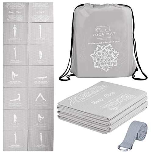 Faltbare Yogamatte für Frauen, Rutschfeste Übungsmatte für Home Gym, Reise Yoga Set mit Stretch Strap für Yoga Pilates und Fitness, 173 x 61cm x 5mm Dick