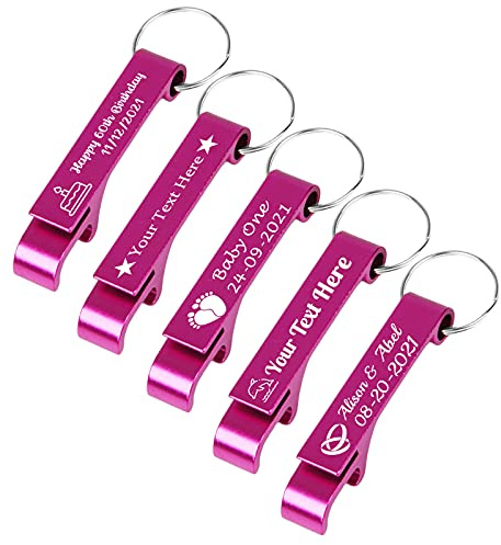 BYWEXCLESD Personalised Bottle Opener Keyring Custom Bottle Opener Keychain Bulk for Men Boyfriend Wedding Favors Party Free Engraving Logo Name Text 5Pcs, Rose