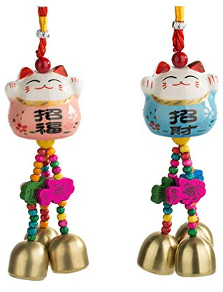 Garneck 2 campanelle a vento a forma di gatto portafortuna, in stile giapponese Maneki Neko, ciondolo a campana tibetana, decorazione da appendere, per camera da letto, finestra, balcone