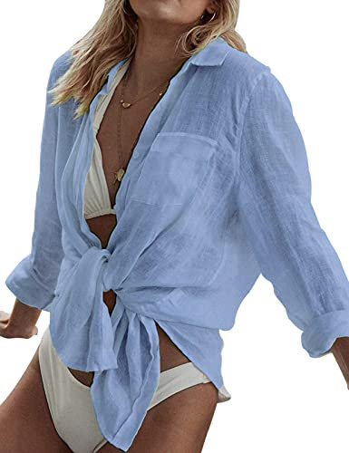 Niwicee Strandklänning dam bikini täcka blus v-ringad strandponcho dam enfärgad sexig sommar badkläder strand täckande skjorta lätt transparent skjorta, blå, M