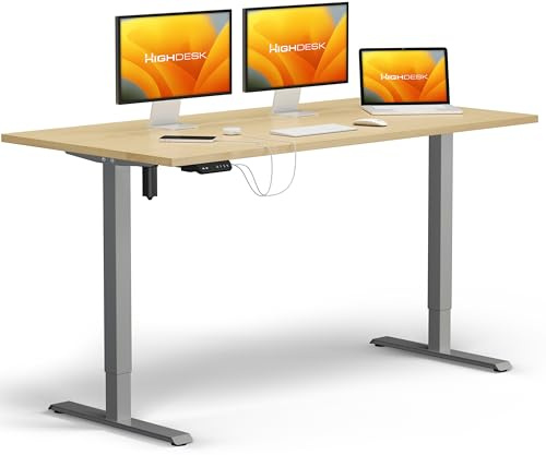 KRIEG HighDesk SMART Höhenverstellbarer Schreibtisch 160 x 80 cm I Silber + Ahorn - Elektrischer Sitz- & Stehtisch mit Tischplatte - Stehschreibtisch Elektrisch Höhenverstellbar