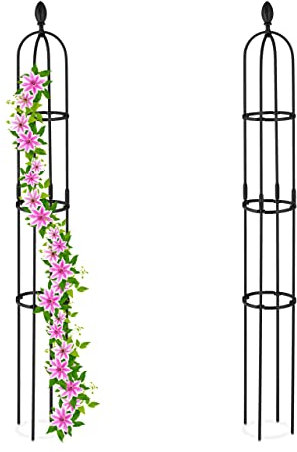 Relaxdays Rankhilfe Obelisk, 2er Set, 160x20 cm, Ranksäule für Kletterpflanzen, Metall, freistehend, Rosenturm, schwarz