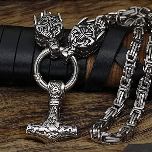 Männer Thors Hammer Wikinger Halskette, Silber Rostfreier Stahl Nordische Mythologie Mjolnir Amulett Anhänger-Schmuck, Mehrere Stile Tierkopf Quadratisch Königskette,Fenrir Wolf,70 cm