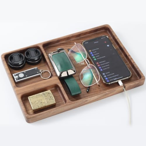 Plateau de valet en bois de noyer avec fente de charge, table de chevet, organiseur de bureau pour clés, portefeuille, montre et bijoux