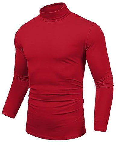 Uusollecy Pull Col Roulé Homme Coupe Ajustée Élastique Léger Basique sous-Pull Manches Longues,Rouge,XL