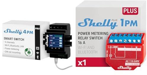 Shelly Pro 4PM Wlan & Plus 1PM WLAN & Bluetooth Relais Schalter mit Strommessung| Smart Home Hausautomation| Funktioniert mit Alexa & Google Home| iOS- & Android-App