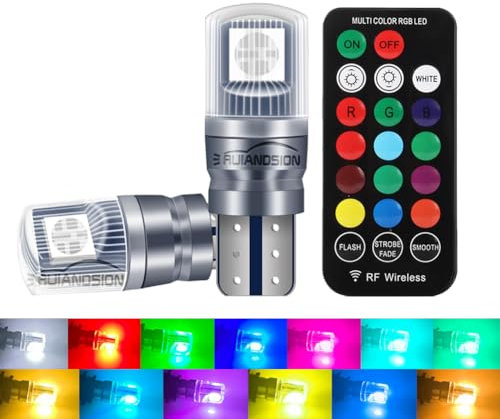 Ruiandsion T10 194 W5W RGB LED Bulb with Remote Control 16 Colors Strobe Atmosphere Lights Replacement for 12V Car Interior/Map/Dome/Door/License Plate Light, Pack of 2