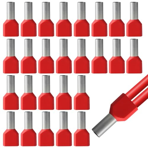 100pcs Double Manchon de Borne Isolé en Cuivre 10mm2 Set, Connecteur de Borne Double 10mm² Double Manchon, Kit de Connexion de Câble, Double Double Manchon de Distribution Isolé Rouge