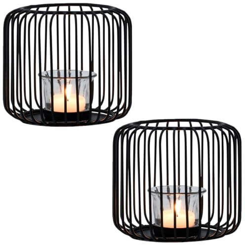 Marrakesch Set med 2 skandinavisk dekoration lyktor metall och glas 14 cm stor svart | Lyktljus värmeljushållare Cibolo som trädgårdsdekoration och vardagsrumsbordsdekoration | Utsökt ljushållare för