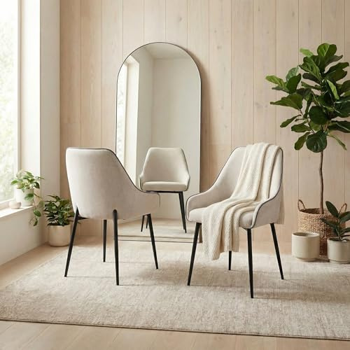 Furniturebox UK Beaumont Dining Chairs – Set of 2 Cream Fabric Upholstered with Black Metal Legs – Modern Bucket Style Dining Room Chairs – Contemporary Upholstered Seating