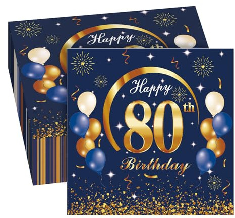 GROVBLE 80-jähriger Geburtstag Dekoration: 40 goldene blaue Servietten, 33x33 cm, Happy Birthday