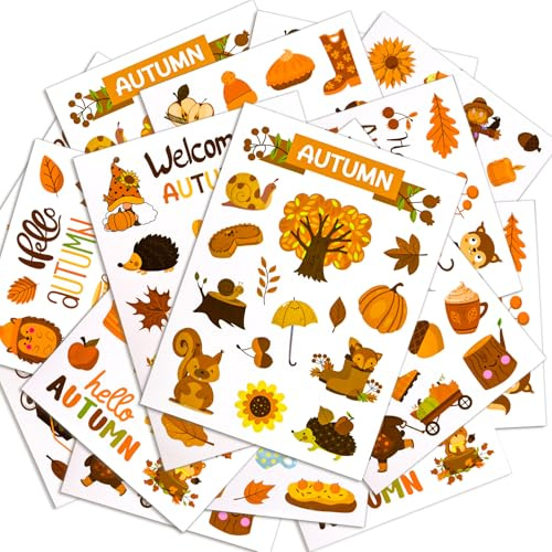 BETESSIN Herbst Aufkleber - 16 Bögen Sticker Mit Kürbis, Ahornblatt Und Igel Mustern - Kinder Sticker Für Scrapbooking Und Karte Zum Basteln - Deko Für Erntedankfest Und Herbstfest