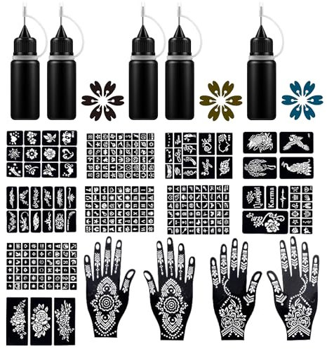 Henna Tattoo Kits 5 Inks 15Blatt Henna Schablonen Glitter, Natural Henna Paste Kegel, Henna Braun Sommersprossen für Temporäre Tattoo Schablone Aufkleber Glitzer AirBrush Tattoo für Frauen Mädchen